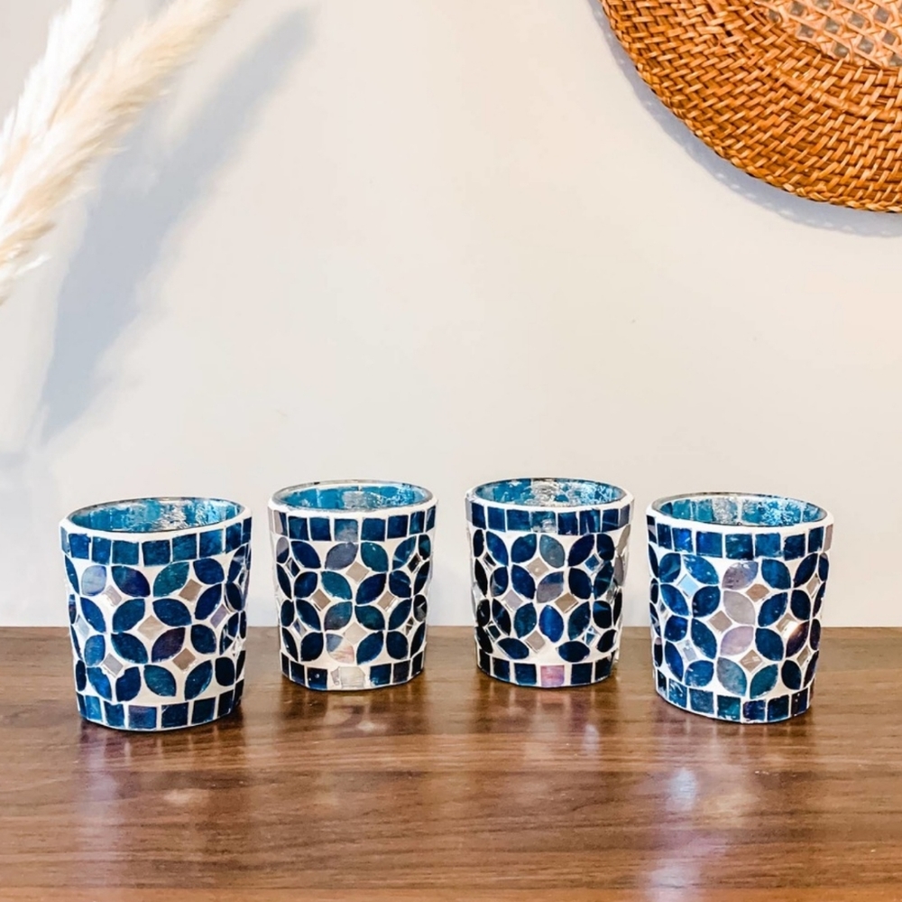 Set of 4 Vintage Handmade Mosaic Blue Stain Glass Tealight Votives